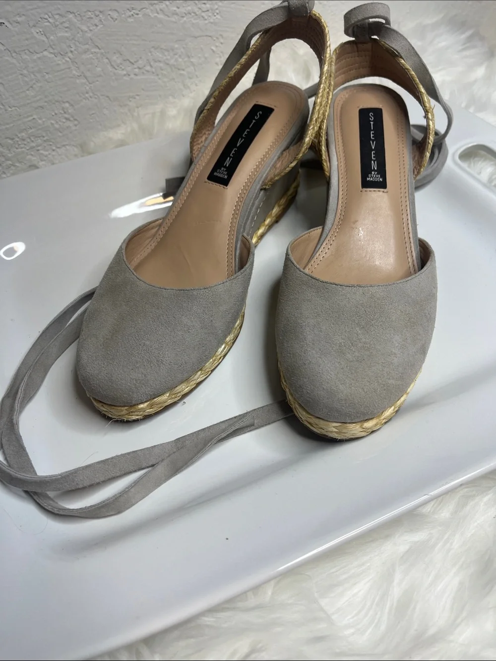 Steven By Steve Madden Gray Suede Espadrille Wedge Sandals with Ankle Tie